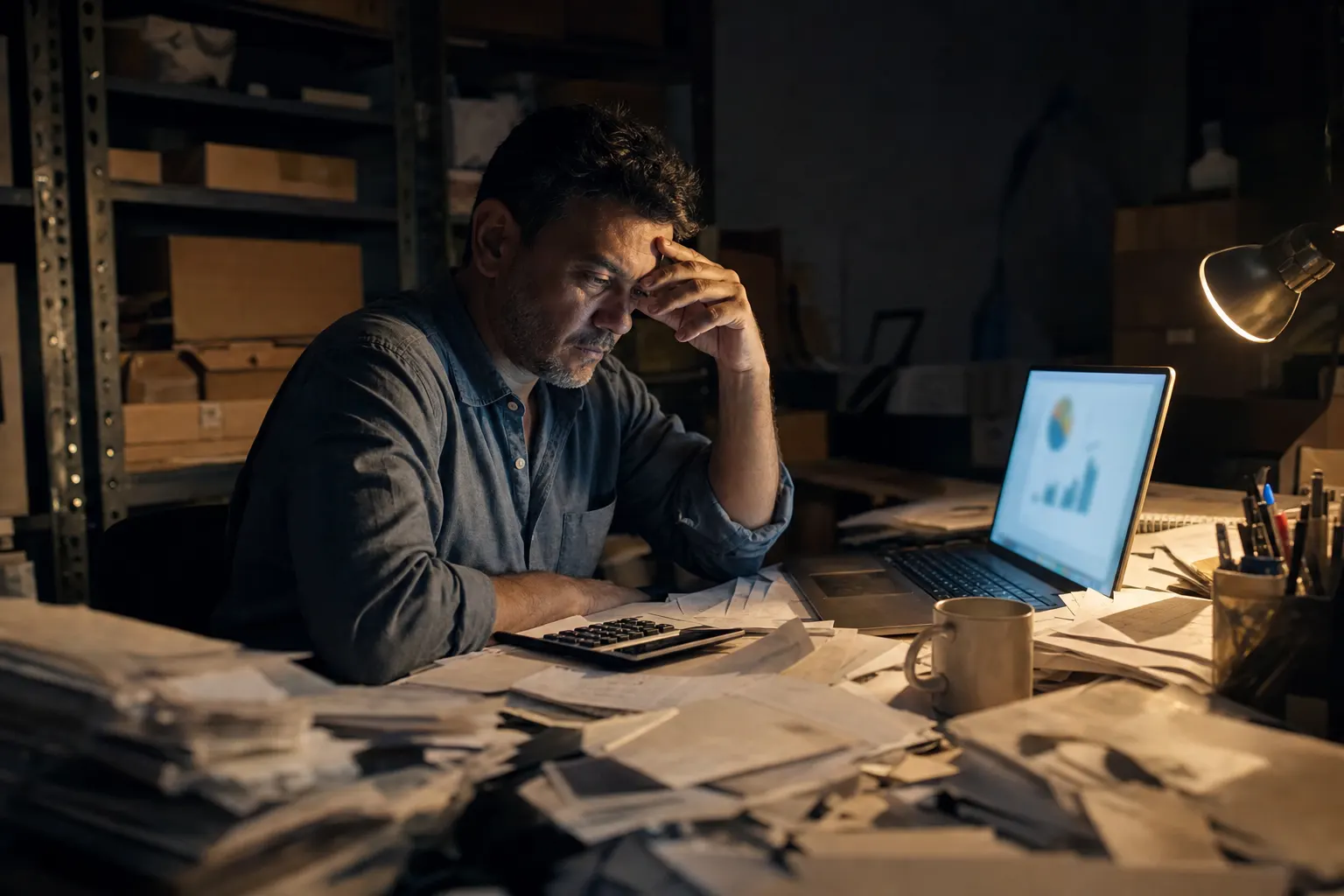 Empresário sozinho no escritório à noite, cercado de boletos e papéis